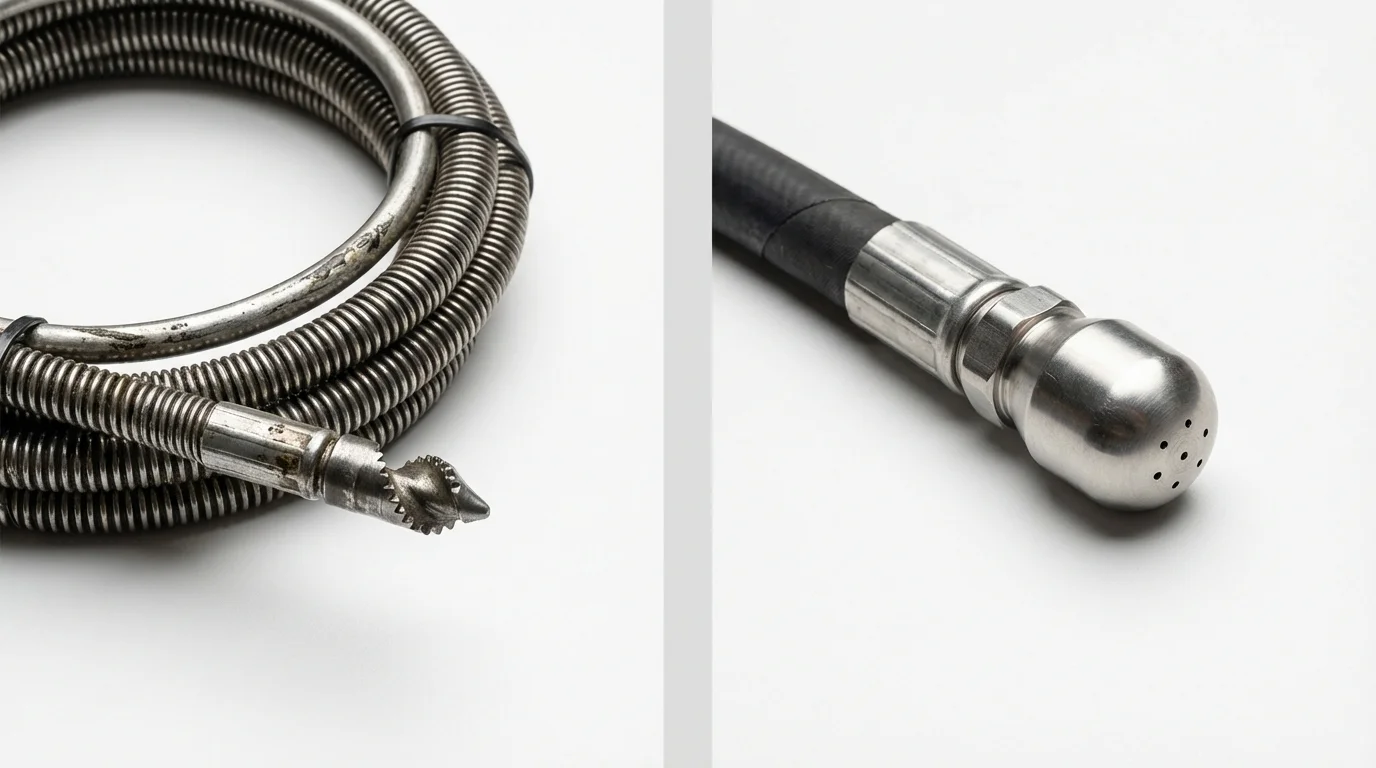 Drain snake cable and hydro jetting nozzle used for drain cleaning in Richmond, ME