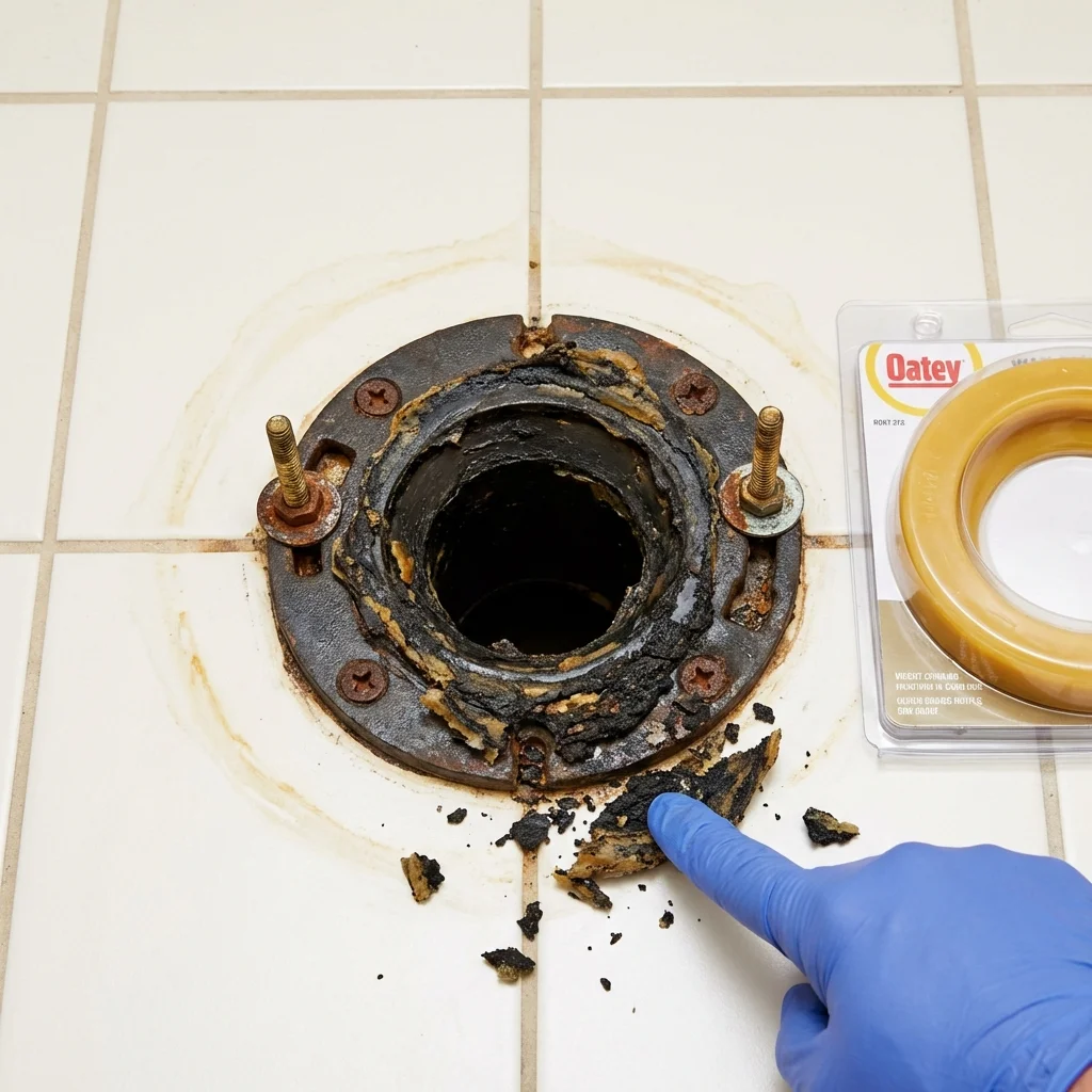 Failed wax ring showing water seepage at the base of a toilet in a Richmond, ME home